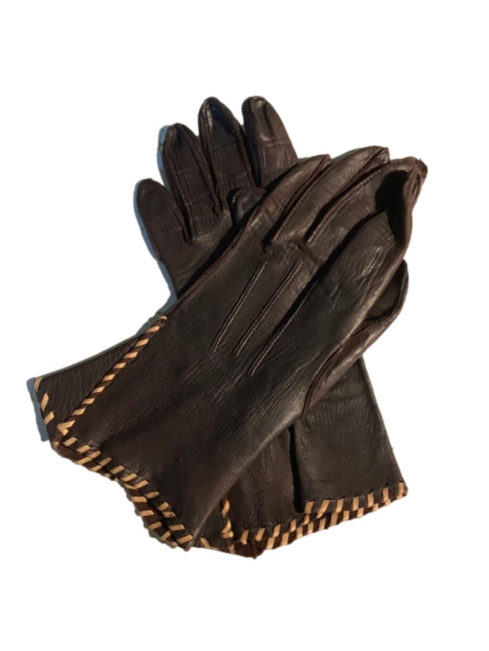 Perrin Brown leather table cut gloves with tan stitching size 6 3/4